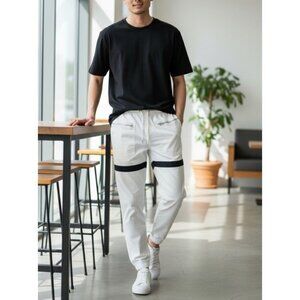 Henry & William White Jogger Jeans With Black Stripe Detail & Zipper Pockets Siz